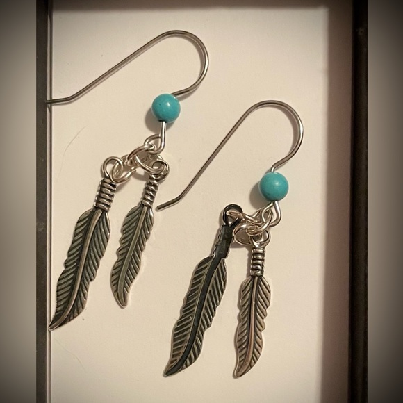 Silver & Turquoise Dangly Feather Earrings (worn once)! - Picture 2 of 6
